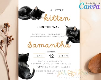 Bewerkbaar Een klein katje is onderweg uitnodiging babyshower, schattige kat thema meisje uitnodigen, zwarte kat canvas sjabloon, digitale download