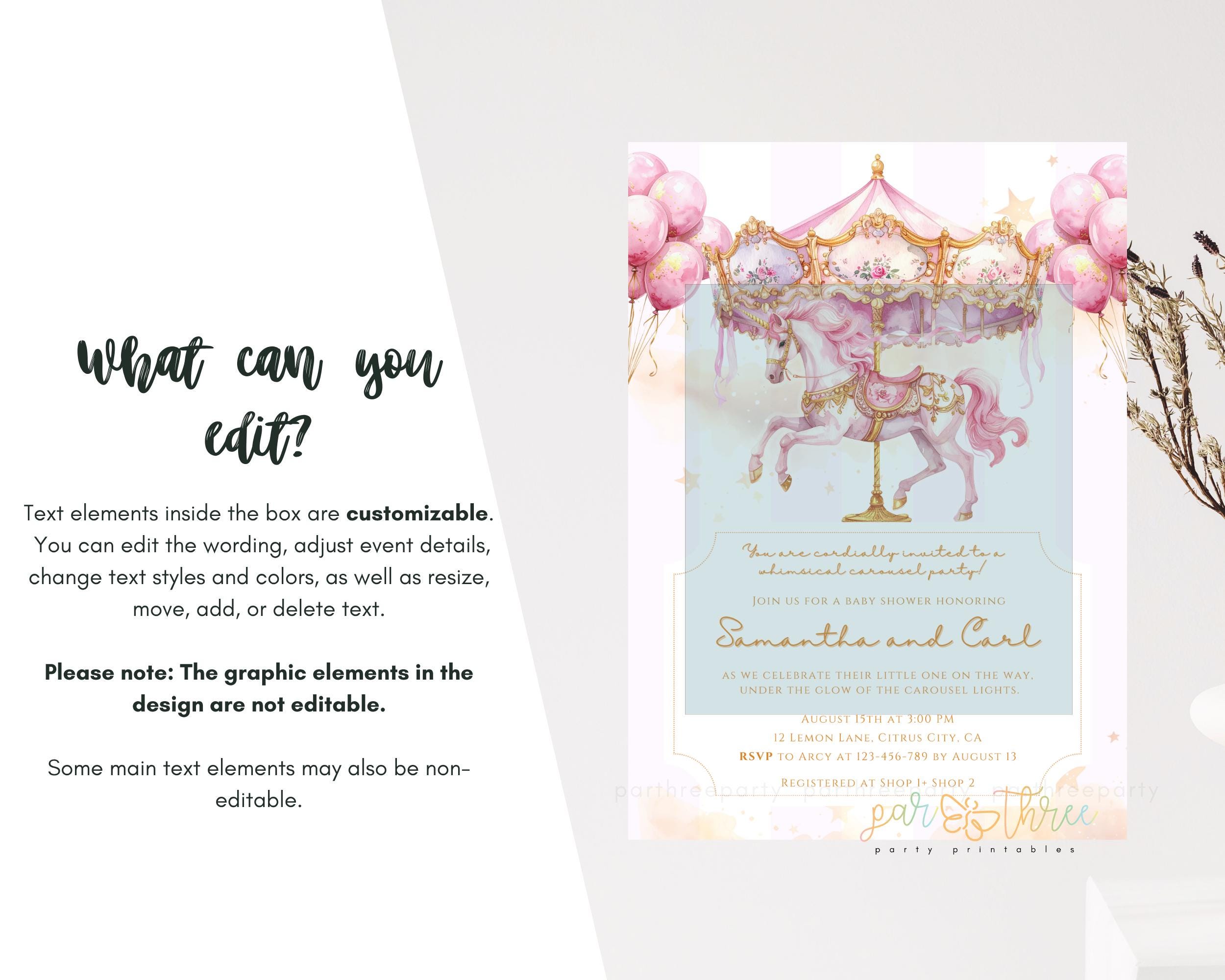 Editable Pink Carousel Baby Shower Invitation Template, Girl Shower ...