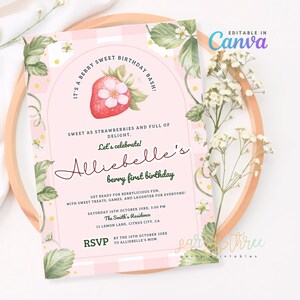 Berry First Birthday Invitation | Editable Strawberry 1st Birthday Girl Invite | Sweet Red Party Canva Template | Instant Digital Download