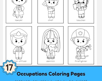 Occupations and Jobs Coloring Pages, Firefighter Teacher Police Officer Color Printable Sheets (Digital Download)