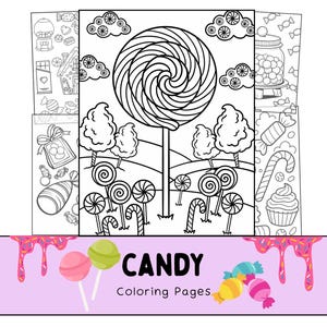 May include: A collection of black and white colouring pages featuring candy themes, including a large central lollipop, smaller lollipops, and sweets. The bottom banner is light purple with pink icing drips and the text CANDY Coloring Pages.