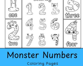 Kids Monster Number Coloring Pages, Children's Math Puzzles and Games, Halloween Printable Sheets (Digital Download)