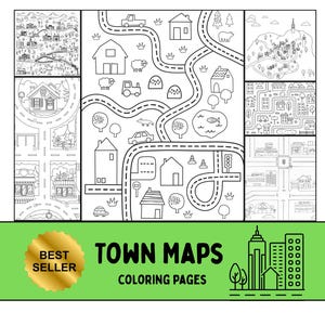 May include: A collection of black and white line art coloring pages featuring various town maps with roads, houses, vehicles, trees, and animals. A green banner at the bottom displays the text BEST SELLER TOWN MAPS COLORING PAGES.