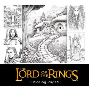May include: A collection of black and white line art illustrations featuring scenes and characters from The Lord of the Rings. The images include a hobbit-style house, a waterfall landscape, and portraits of three figures, with the text The Lord of the Rings Coloring Pages at the bottom.