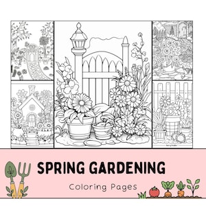 May include: A collection of black and white line art illustrations featuring garden scenes with flowers, potted plants, fences, and a small house. The text SPRING GARDENING Coloring Pages is printed in black on a light pink background at the bottom.