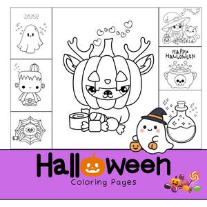 以下が含まれることがあります： 様々な不気味なキャラクターや要素が描かれた、白黒のハロウィーンぬりえページ。お化け、フランケンシュタインの怪物、猫と魔女、大釜、クモ、カボチャを持ったお化けが含まれています。「Halloween Coloring Pages」の文字も表示されています。