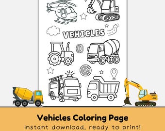 Vehicles Coloring Page, Kids Birthday Toys and Games (Digital Download)