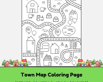 Town City Map Coloring Page, Kids Toys and Games (Digital Download)