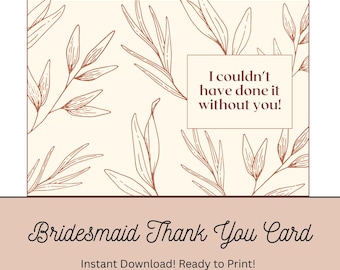 Bridesmaid Folded Thank You Card, Simple Greeting Card, Wedding Templates (Digital Download)