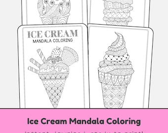 Ice Cream Mandala Coloring Pages, Pattern Color Printable Sheets (Digital Download)