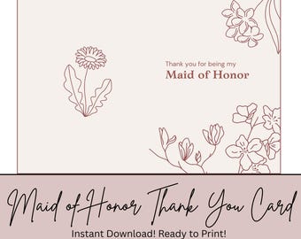 Maid of Honor Folded Thank You Card, Simple Greeting Card, Wedding Templates (Digital Download)