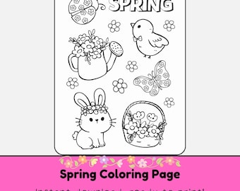 Spring Coloring Page, Flowers Bunnies Forest Kids Toys and Games (Digital Download)