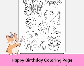 Happy Birthday Coloring Page, Kids Toys and Games (Digital Download)