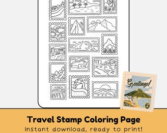 Travel Postage Stamp Coloring Page, Kids Toys and Games (Digital Download)