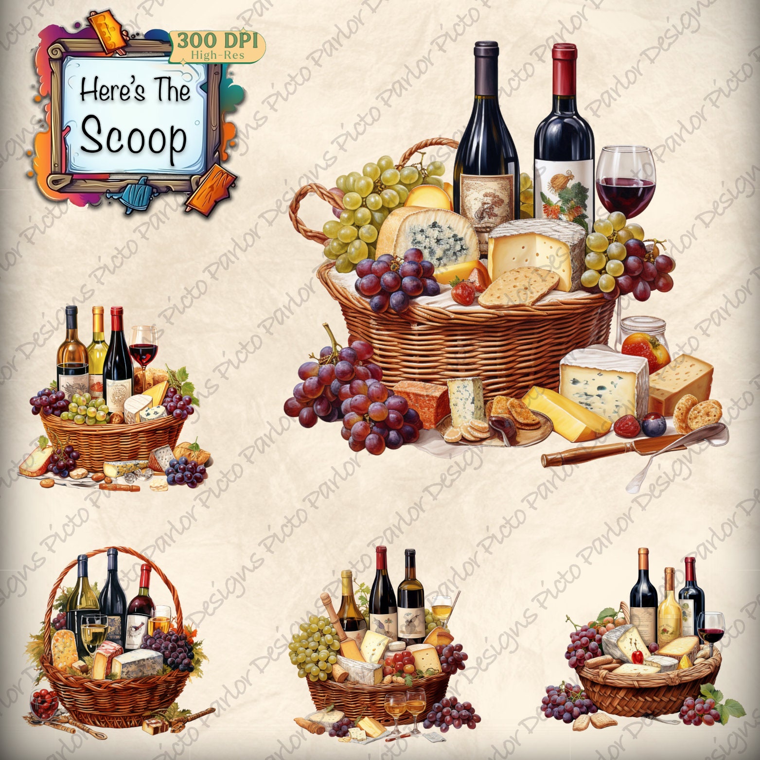 Wine and Cheese Gift Basket Clipart Bundle PNG & SVG Gift Basket