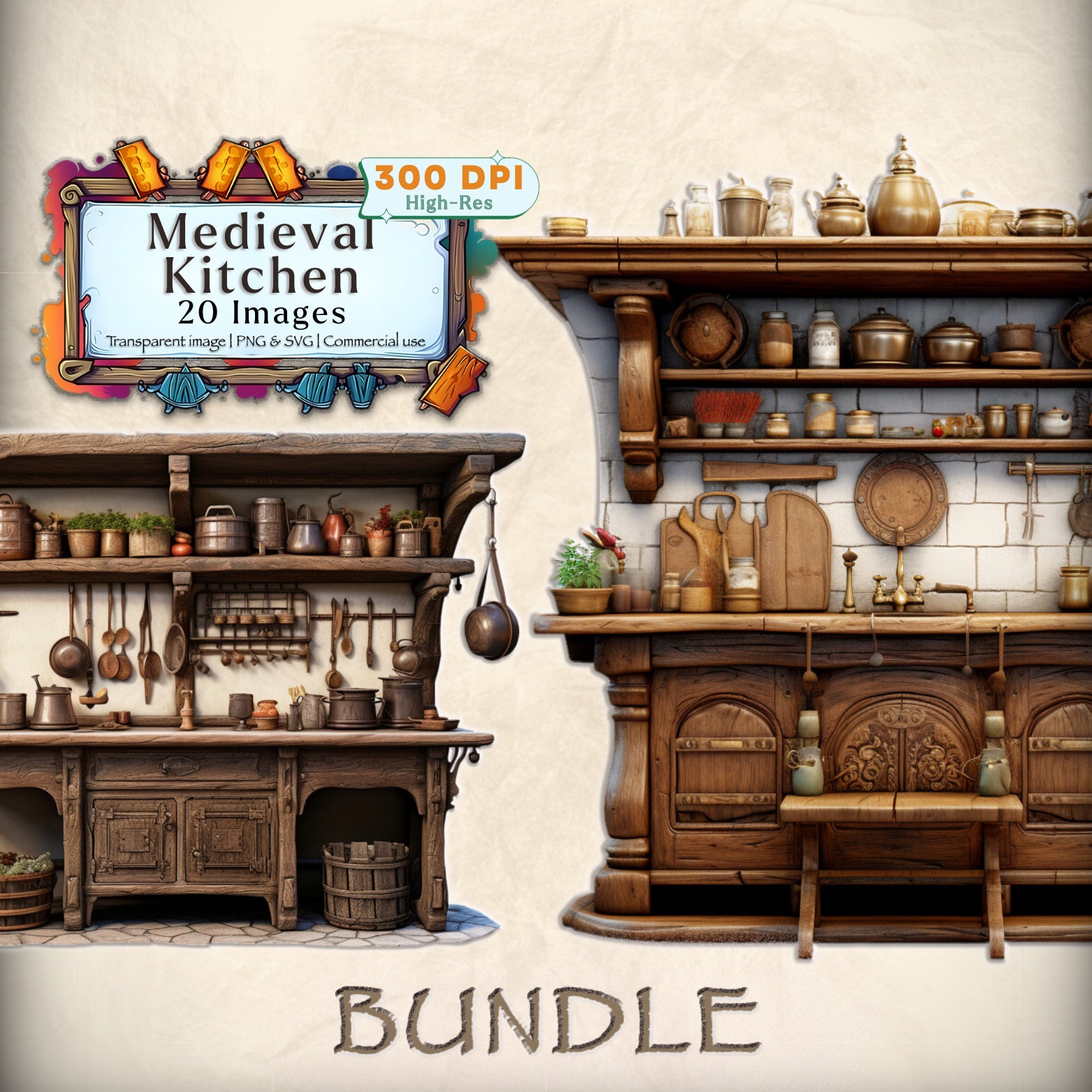 Medieval Kitchen Clipart Bundle: PNG and SVG Medieval Style Kitchen