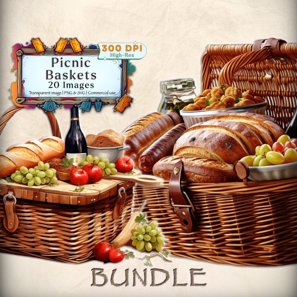 Picnic Basket clipart bundle: PNG & SVG Food clipart gift basket clipart picnic blanket clipart outdoor art commercial use instant download