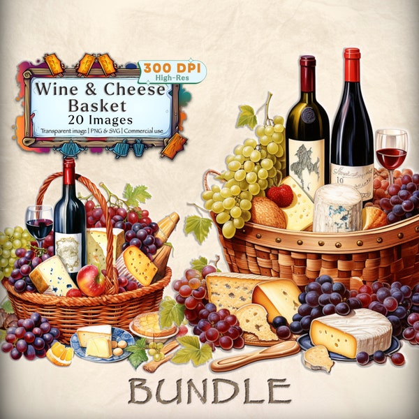 Wine and Cheese Gift Basket clipart bundle: PNG & SVG gift basket clipart food clipart wine clipart commercial use transparent background