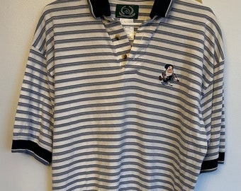 Vintage Disney Golf Collection- Men’s Polo Golf Shirt- Size Medium- Features Grumpy Dwarf from Snow White and The Seven Dwarfs- Blue Stripe.