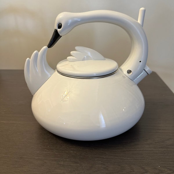 Vintage Kamenstein Swan Kettle White Enamel Tea Hot Water Stovetop Whistling Big