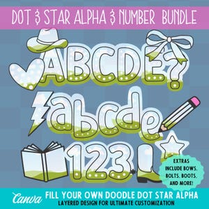 May include: A set of printable dot-to-dot alphabet and number templates. The letters and numbers are outlined in black and filled with a blue sky and green grass design. The set includes extra elements like bows, bolts, boots, and more.