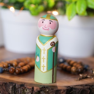St. Patrick Peg Doll, Hand-Painted Catholic Saint Toy for Kids | Gift for Baptism, Confirmation, Home Altar Décor