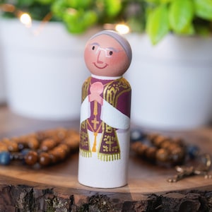 Pope Leo XIV Peg Doll, Hand-Painted Catholic Pope Toy for Kids | Gift for Baptism, Confirmation, Home Altar Décor