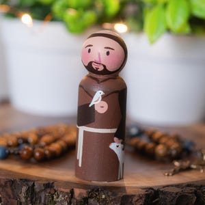 St. Francis of Assisi Peg Doll, Hand-Painted Catholic Saint Toy for Kids | Gift for Baptism, Confirmation, Home Altar Décor
