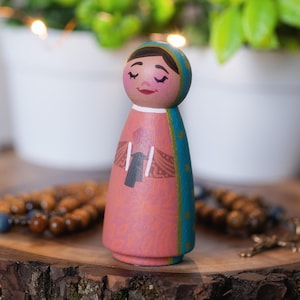 Our Lady of Guadalupe Peg Doll, Hand-Painted Catholic Saint Toy for Kids | Gift for Baptism, Confirmation, Home Altar Décor
