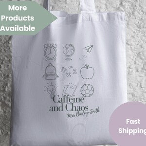 Sac fourre-tout personnalisé à griffonnages pour professeur, cadeau portable caféine et chaos pour éducateurs, sacs fourre-tout en coton personnalisés pour la fin de l'année ou la rentrée des classes