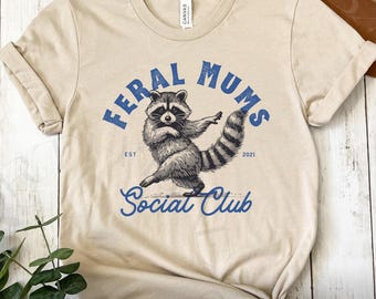 Personalised Feral Mums Social Club T-Shirt, Est Custom Year Shirt Gift for Mama, Line Drawn Dancing Animal Tee, Raven, Frog, Racoon and Bat