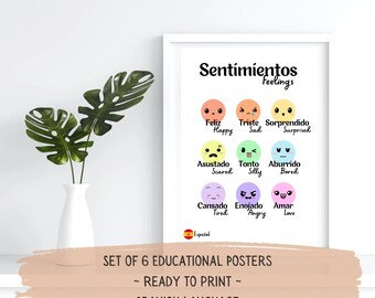 Set van 6 tweetalige Spaanse educatieve posters | Afdrukbare muurkunst voor kinderen | Direct downloaden voor klas en speelkamer