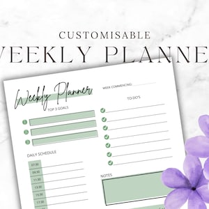 Op de afbeelding: Een printbare weekplanner met een groen-wit kleurenschema. De planner bevat secties voor de 3 belangrijkste doelen, taken, het dagelijkse schema en notities.