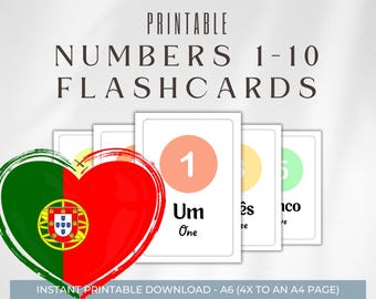 Tarjetas de conteo imprimibles en portugués para niños / Números del 1 al 10 / Descarga instantánea / Recurso de aprendizaje divertido / Enseñanza bilingüe
