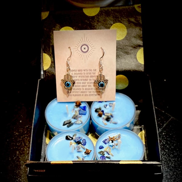 Evil Eye Protection Set with hook hamsa hand Earrings and 4 Tea Lights for manifestation  Intention setting crystal gemstone 100% Soy Candle