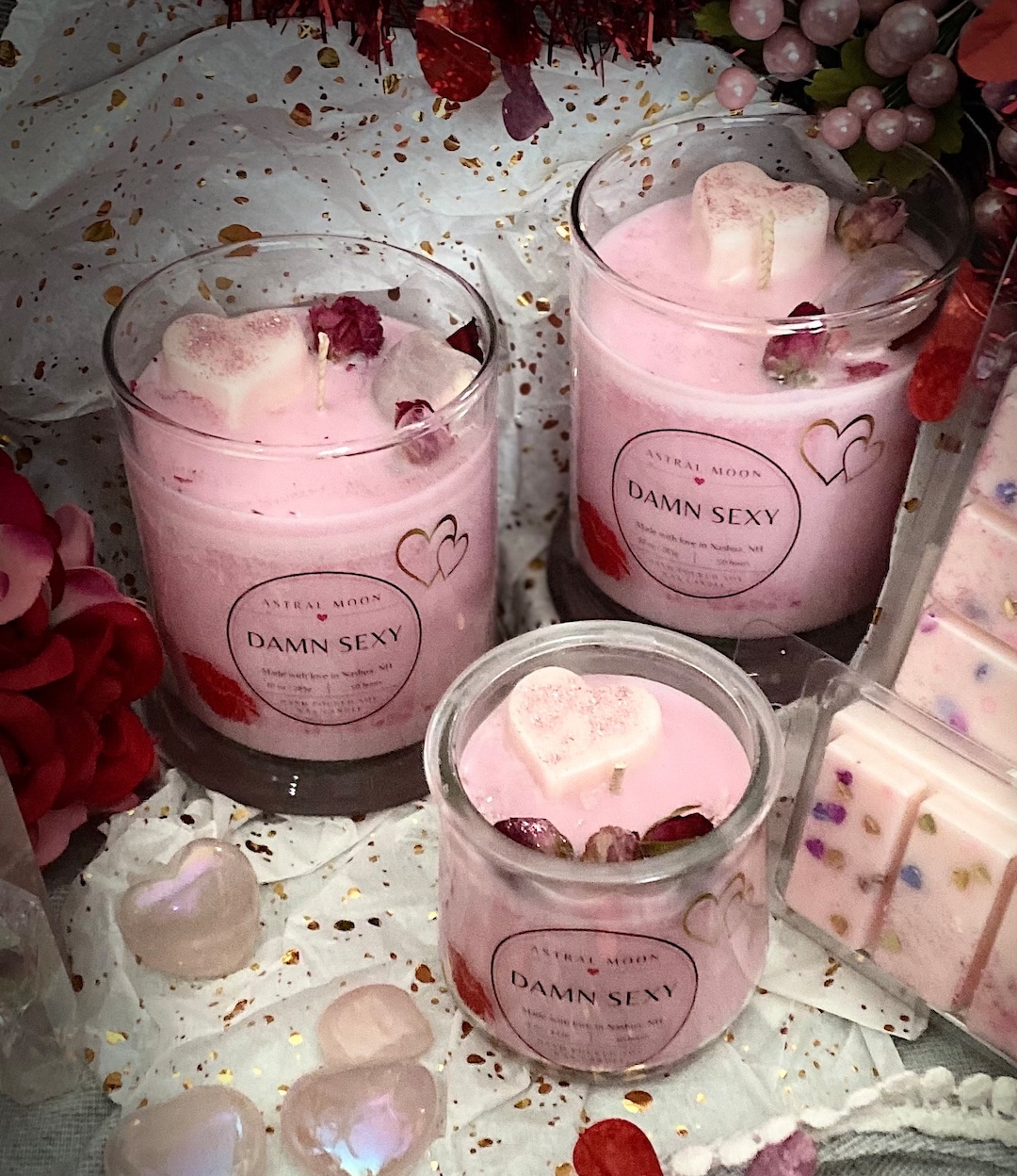 Soy Candle in Damn Sexy Musk Fragrance With Rose Quartz Heart, Rose and ...