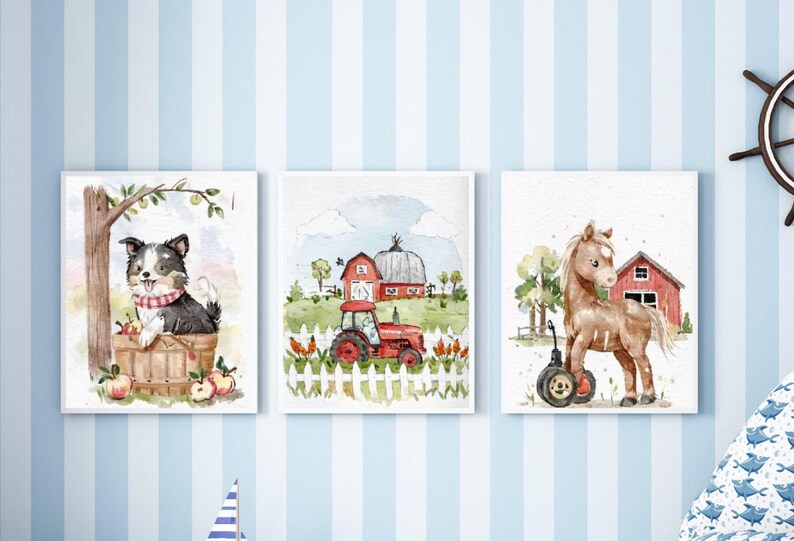 Farm Animal Prints, Set of 6, Boy Nursery Playroom Printable Wall Art