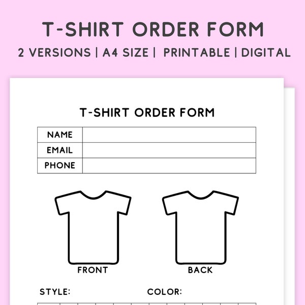 tshirt Order Form Template Printable, Shirt Purchase Business Order Form Minimalist, Apparel T-shirt Form, My Order History, PDF