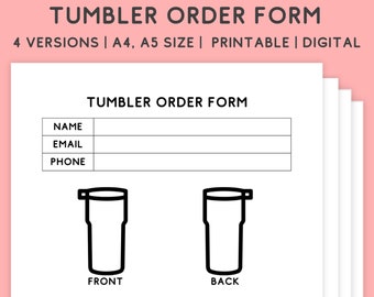 Puede incluir: Formulario de pedido de vaso de acero inoxidable imprimible con secciones para el nombre del cliente, correo electrónico, teléfono, estilo, color, tamaño y notas. El formulario incluye una representación visual de un vaso de acero inoxidable con vistas frontal y posterior.