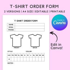 tshirt order form template Editable Canva, Shirt Clothing Order Forms Digital, tshirt business Order Fill out Form, My order sheet PDF
