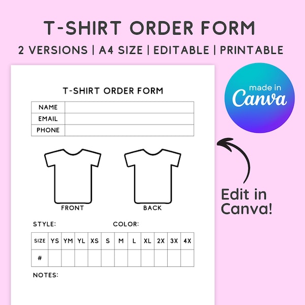 tshirt Order Form Template Editable, Shirt Business Order Fill out Form Editable, Apparel T-shirt Form, My Order History, Order Sheet, PDF