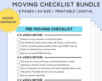 Moving Checklist Planner Printable, New Home Moving Essentials List, Pre-Moving to do Checklist, Declutter Organizer, Packing Supplies