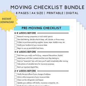 Moving Checklist Planner Printable, New Home Moving Essentials List, Pre-Moving to do Checklist, Declutter Organizer, Packing Supplies