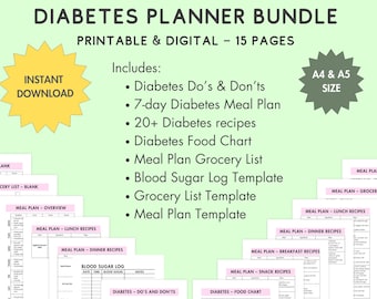 May include: A printable and digital diabetes planner bundle with 15 pages. The bundle includes a 7-day meal plan, 20+ diabetes recipes, a food chart, grocery lists, a blood sugar log, and meal plan templates. The bundle is available in A4 and A5 sizes.