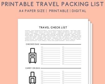 May include: A printable travel packing list checklist with a black and white design. The checklist is divided into three sections: checked bag, carry-on bag, and personal item. Each section has a suitcase icon and a list of items to pack.