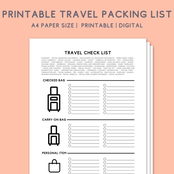 Travel Checklist Fillable, Travel Packing List, Minimalist Travel Plan Guide, Travel Essentials Diary, Travel Organizer, Digital