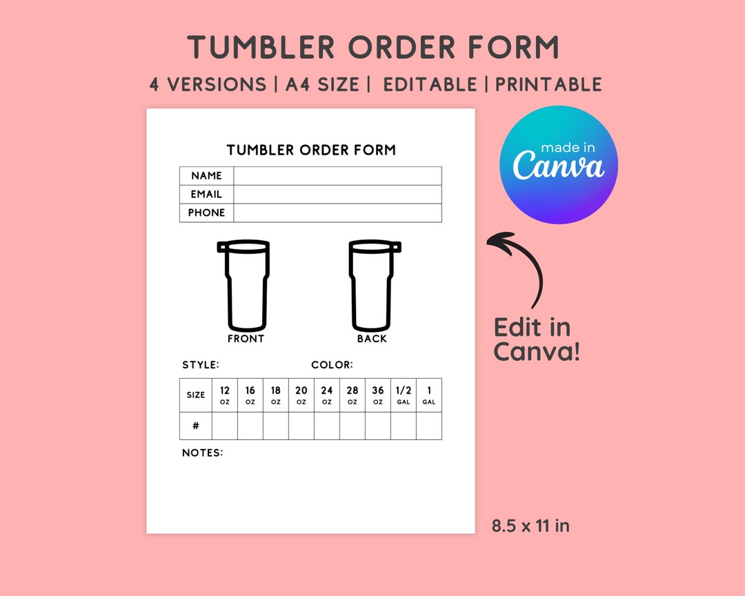 Tumbler Order Form Template Editable, Tumbler Business Invoice Form