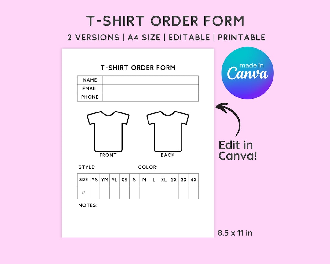 Tshirt Order Form Template Editable, Shirt Business Order Fill Out Form