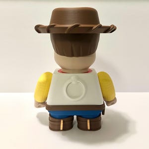 Pu&ograve; includere: Una statuetta da collezione di un personaggio dei cartoni animati di un cowboy, vista da dietro. La statuetta indossa un cappello da cowboy marrone, una camicia bianca con un disegno circolare, pantaloni blu e stivali marroni. Accenti gialli sono sulle spalle.