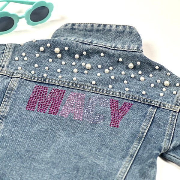 Rhinestone Jean Jacket Personalized with Childs Name | Denim Coat for Toddler Girls | Pearl Embellished Customized Girls Casual Wear